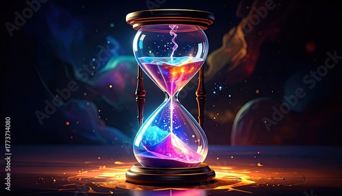 Captivating hourglass artwork showcases vibrant colors, with stunning blue, orange, and purple hues representing time's essence, while glowing particles drift in a dark backdrop, creating a magical...