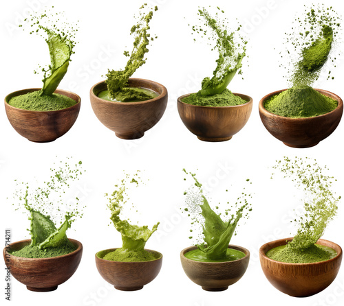 Dynamic splash of vibrant green matcha powder and liquid from wooden bowls, showcasing an energetic burst of healthy antioxidant beverage ingredients