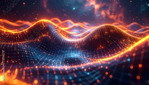 Captivating visual features showcase flowing, glowing energy waves with a dynamic interplay of light a