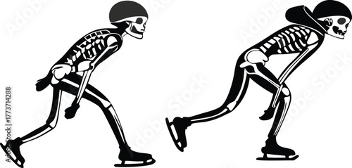 Two skeletons speed skating in low start position, sports concept, unique Halloween design element, scary spooky season, fun activity, vector origin