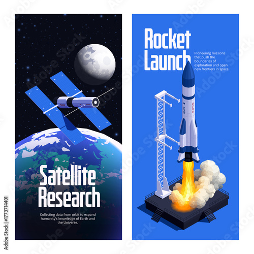 Vertical banner of satellite in Earth orbit and rocket launch pad