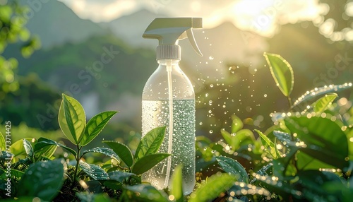 Spray bottle releasing droplets amidst lush green foliage, showcasing a refreshing and natural essence 