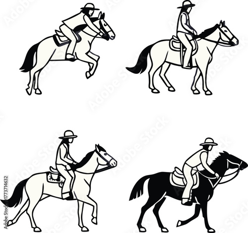 Dynamic equestrian riders in vintage style set, illustrating horsemanship, country lifestyle and the thrill of horseback riding adventures