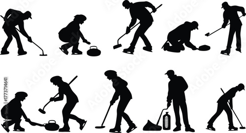 Dynamic curling team silhouettes show strategy and precision on ice, perfect for sports marketing, teamwork visuals, or winter games promotions