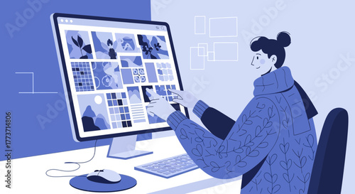 Woman Designing on Desktop Displaying Various Digital Media Assets in Creative Workspace