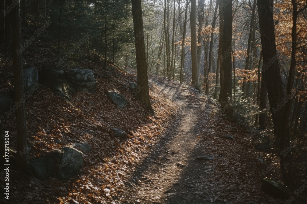 Obraz premium Forest trail in warm sunlight