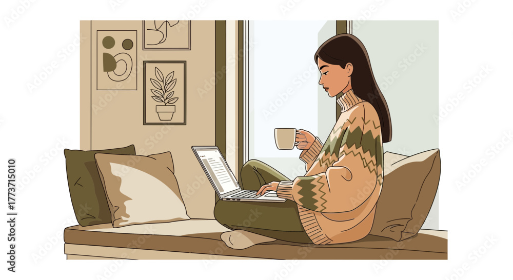 Obraz premium Woman Enjoying Coffee and Working on Laptop in Relaxed and Cozy Home Environment