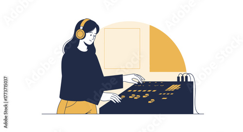 Woman Focused on Audio Mixer Creating Sounds and Adjusting Settings Professionally