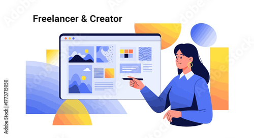 Woman Freelancer Presenting Creative Content On Digital Screen Interface Concepts