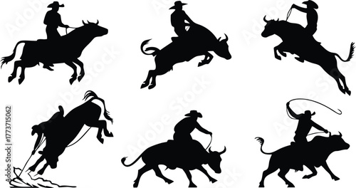 Dynamic rodeo action silhouettes perfect for western themes and event promotions, a versatile collection of cowboys riding bulls for powerful visuals