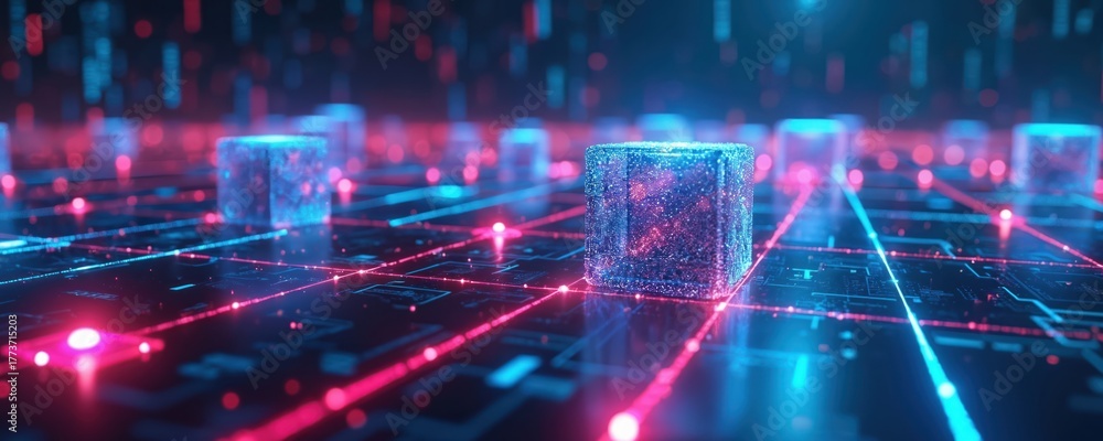 Obraz premium Digital abstract cubes network grid with glowing blue and red lines. Futuristic technology background represents data flow and cyber connections. Complex geometric shapes create science fiction theme.