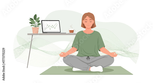 Woman Meditating at Home with Laptop Balancing Work and Self-Care Effortlessly