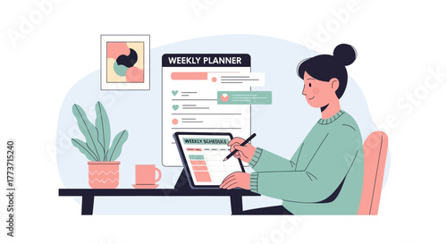 Woman Organizes With Tablet And Planner For Scheduling And Planning Her Weekly Activities