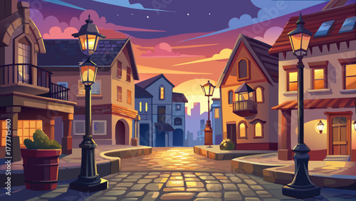 Very beautiful serene view of a small town square with a cobblestone crosswalk, antique streetlights, and charming old buildings glowing softly under twilight, evoking a peaceful nostalgic mood.