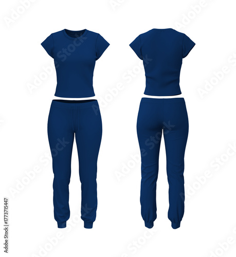 Realistic 3D mockup of women’s short sleeve training top and jogger sweatpants set. Front and back view athletic apparel template