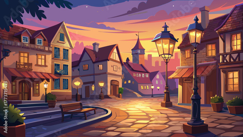 Very beautiful serene view of a small town square with a cobblestone crosswalk, antique streetlights, and charming old buildings glowing softly under twilight, evoking a peaceful nostalgic mood.
