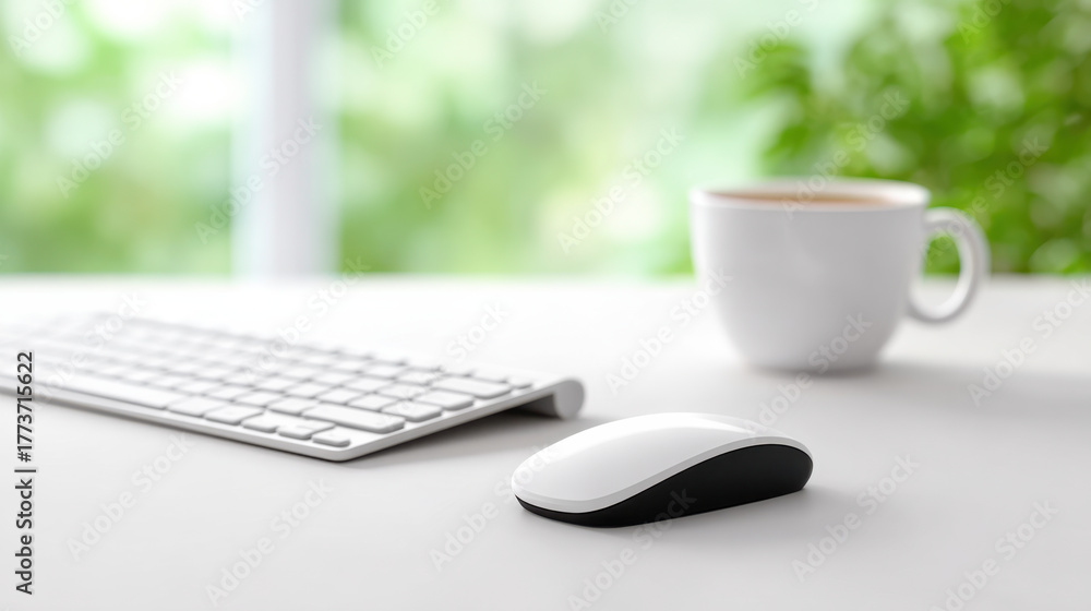 Fototapeta premium Wireless computer mouse and keyboard on white desk with coffee cup in bright office space for productivity