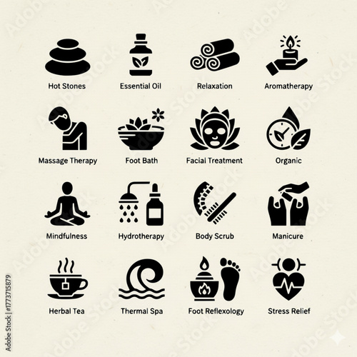 Massage and spa treatment icon set. Relaxation and wellness related line icons: therapy, care, body, and beauty.