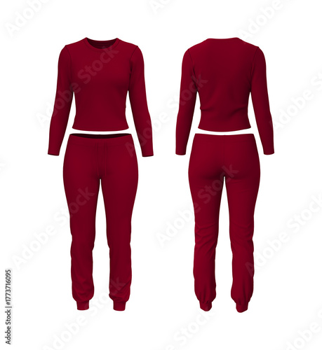 Realistic 3D mockup of women’s long sleeve training top and jogger sweatpants set. Front and back view athletic apparel template