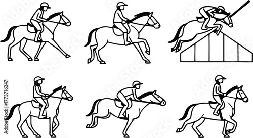 Elegant equestrian sport poses set, graceful horses and riders in action, originally a scalable vector graphic for versatile design projects