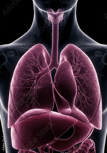Detailed visual representation of lung anatomy within a medical context, highlighting respiratory system structures for clinical study and diagnostic purposes ,therapy ,lung ,illness