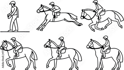 Dynamic equestrian sequence shows horse and rider in action, capturing the grace and skill of horseback riding, a scalable line art illustration