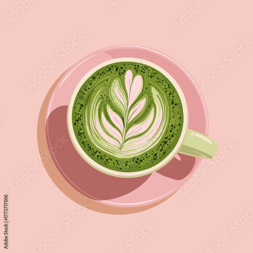 Vector illustration of a cup of matcha latte with latteart on pastel background