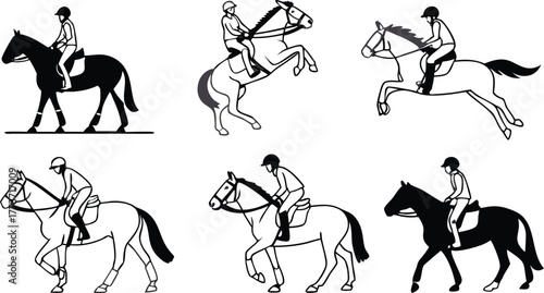 Dynamic equestrian silhouettes showcasing dressage and jumping skills originally designed as scalable vector graphics for professional sports design