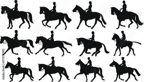 Elegant dressage horses and riders silhouettes for equestrian design projects, professional horse show graphics, and equine event promotions originally vector