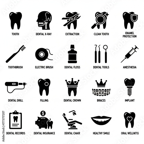 Dentistry and oral care icon collection. Including tooth, dental tools, clinic, hygiene, and treatment outline icons.
