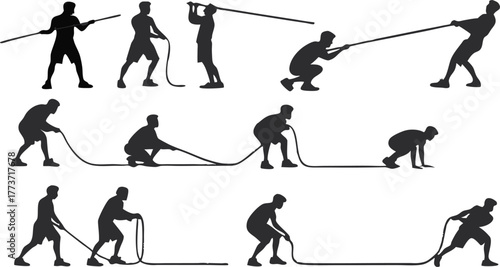 Dynamic silhouettes engaging in competitive tug-of-war, showcasing teamwork, strength, and determination in a vector illustration