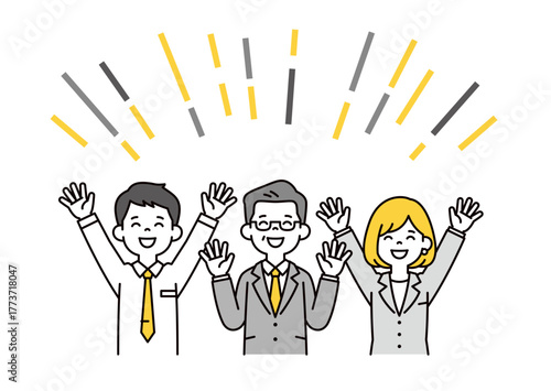 笑顔で万歳をする、様々な年齢の男性と女性のビジネスパーソンの上半身ベクターイラスト素材セット