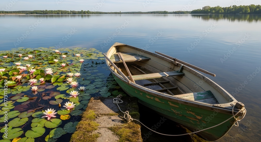 Fototapeta premium Rowboat Moored on Calm Lake with Lily Pads: Tranquil Scene Featuring Wooden Boat and Water Lilies on Serene Lake Tranquil Waters on a Serene Lake