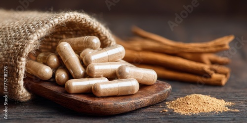 Herbal capsules spilling from a burlap sack with cinnamon sticks and powder