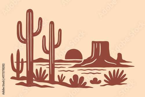 Desert cacti landscape naive sketch vector illustration