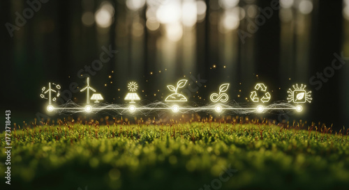 Sustainable energy solar panel wind turbine eco friendly technology green innovation recycling and nature conservation icons glowing above forest floor symbolizing environmental harmony