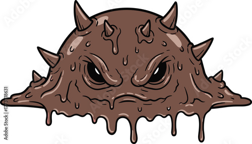 Cartoon goo monster, scary blob creature, dripping slime character, angry fantasy villain, spiky gooey beast, cad drawing flat vector illustration