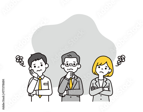 困った表情で考える、年配の経営者と若い男女の従業員の上半身ベクターイラスト素材セット