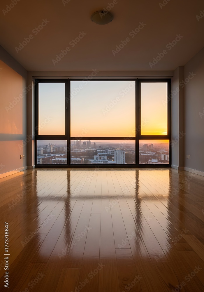 Obraz premium Sunlit condo interior showcases cityscape view from expansive window