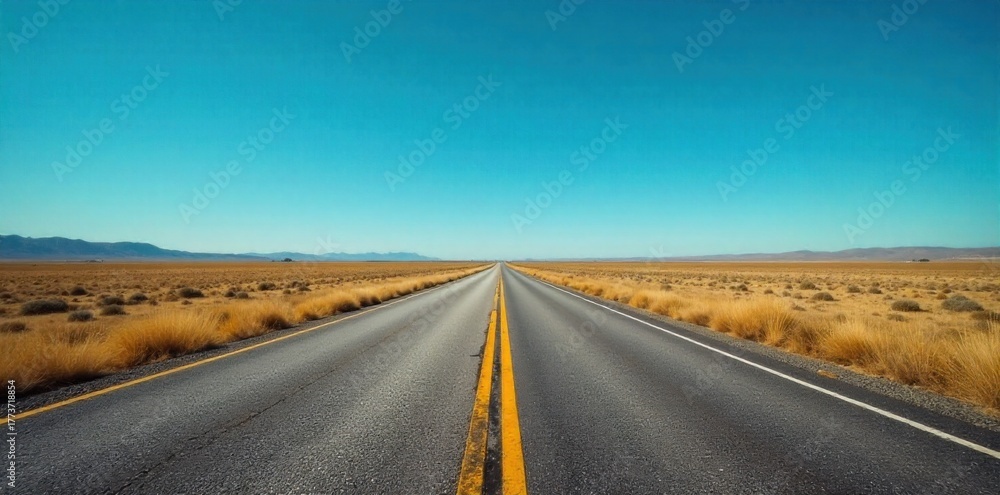Fototapeta premium Long, straight country road stretching to the horizon under a dramatic, cloudy sky. A long, straight country road with strong diminishing perspective, stretching to an unseen horizon. The sky above is