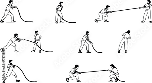 Dynamic individuals engage in intense battle rope workouts and tug of war challenges symbolizing strength, teamwork, and athletic competition.