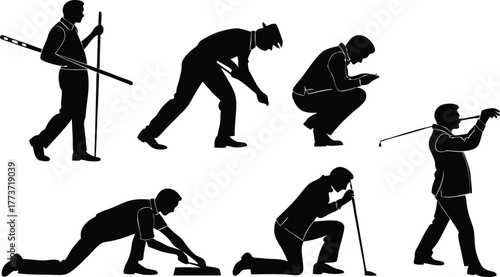 Dynamic silhouettes of golfers in various action poses capturing the essence of the sport and athletic movement for your next project.