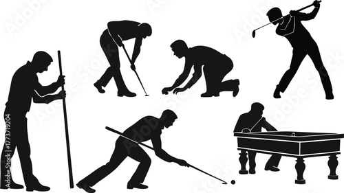 Dynamic silhouettes capture diverse sports actions from golf swings to billiards shots, perfect for active lifestyle themes.