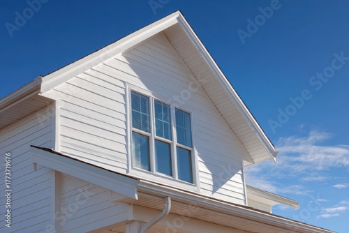 Closeup of a white vinylsided house with a dormer window against a blue sky