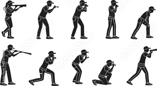 Dynamic silhouettes of individuals aiming cameras, capturing diverse poses for creative projects and media needs