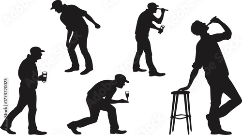 Dynamic silhouettes of men enjoying drinks and moments, capturing leisure and social activities with a modern, artistic flair