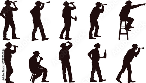 Dynamic explorer silhouettes seeking adventure, observing distant horizons, and enjoying moments of discovery in various poses.