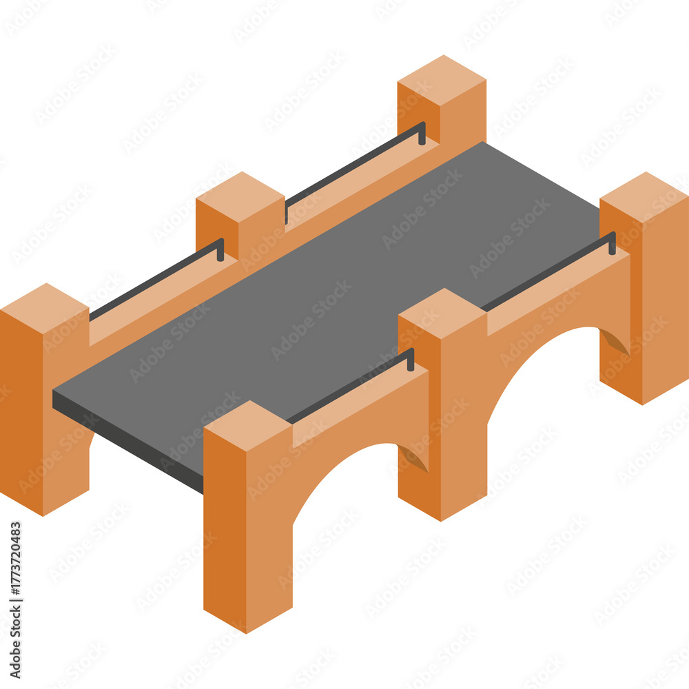 Naklejka premium Simple Isometric Orange Bridge Structure with Gray Road Surface and Minimalist Black Railings on White Background