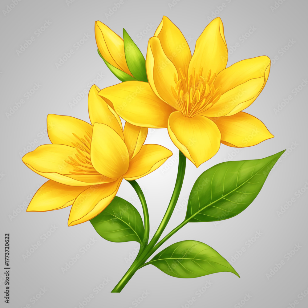 Fototapeta premium Vibrant Yellow Flowers with Green Leaves Illustration