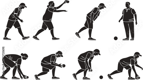 Dynamic athletes demonstrating bocce ball throws and game actions in a sequence of athletic poses for sports concepts